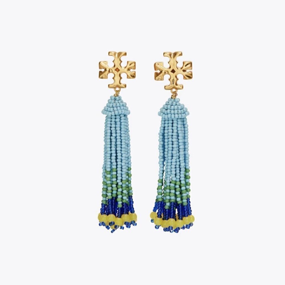 Tory Burch Roxanne Beaded Tassel Earrings Blue Green Statement Resort